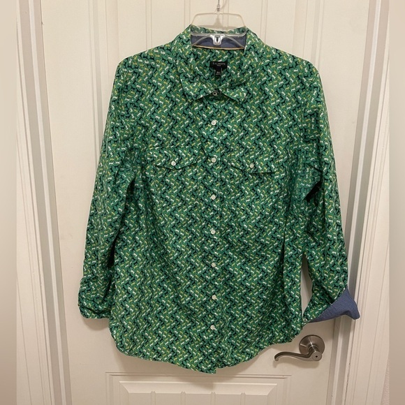 Talbots Woman horse print long convertible sleeve button up women’s 16W green - Picture 1 of 13